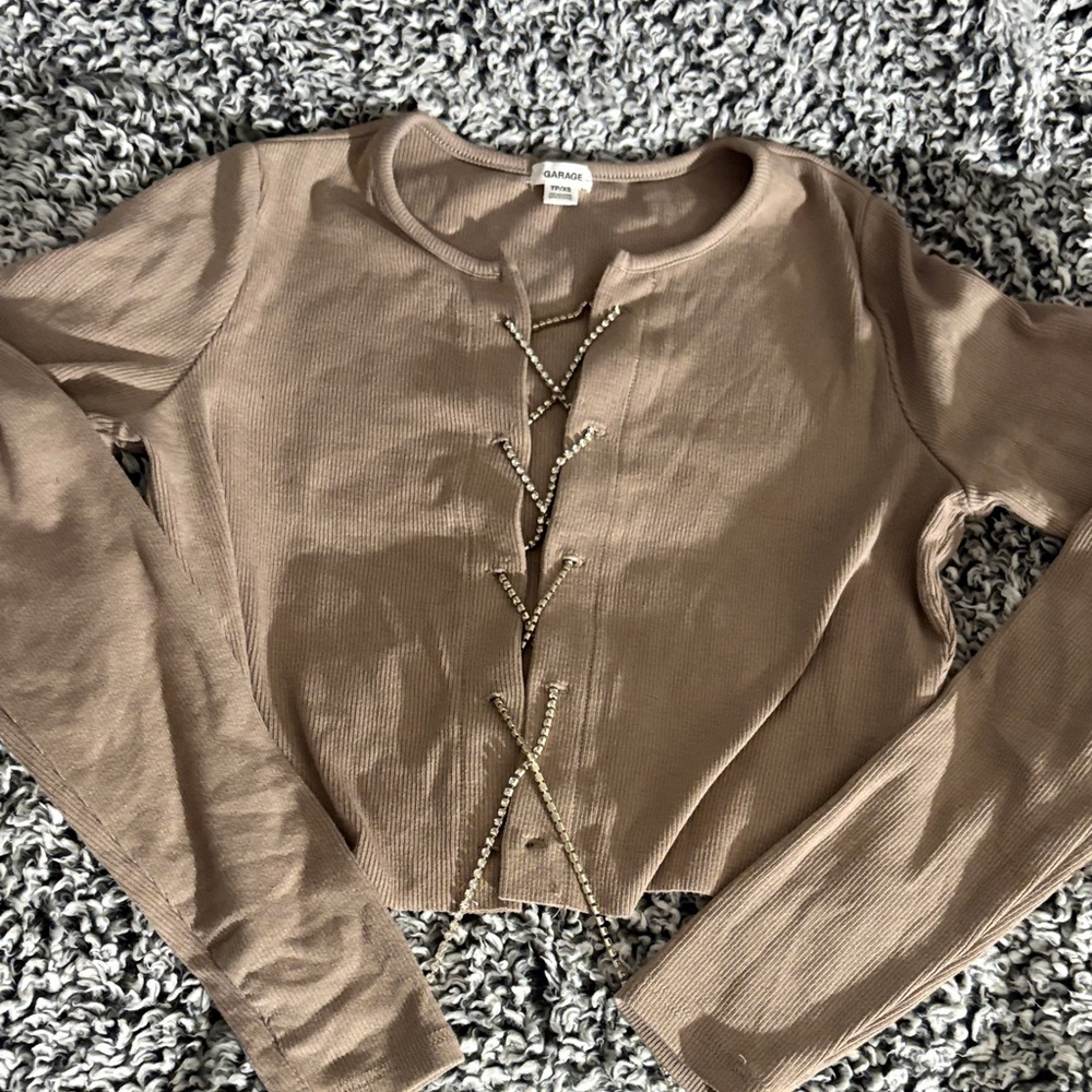 Garage Brown Rhinestone Lace-Up Long Sleeve Blouse